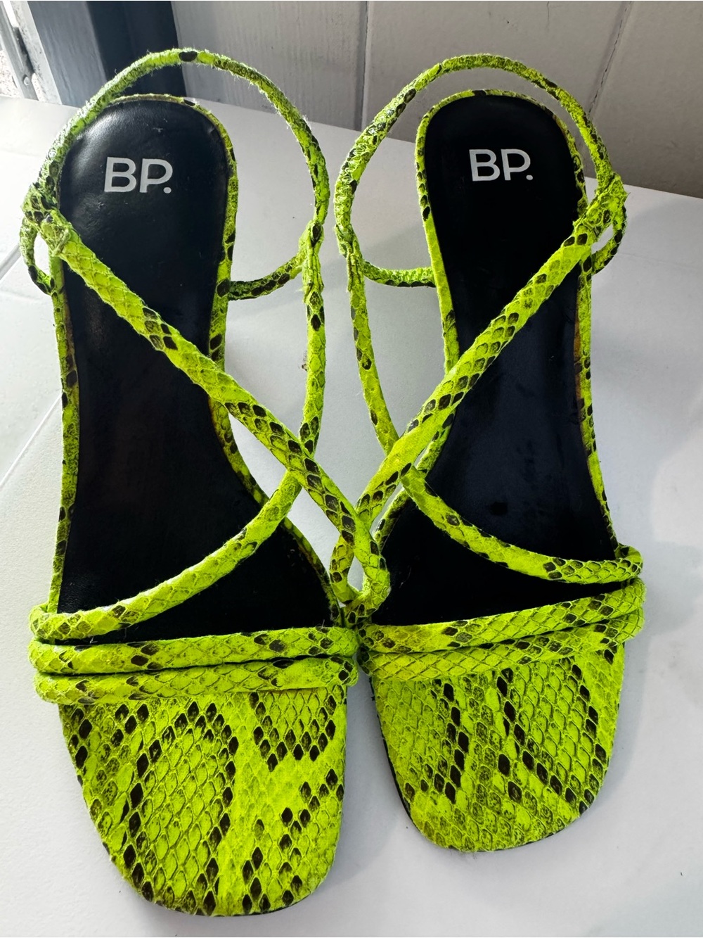 BP Neon Lime Snake-Print Strappy Sandals - Women